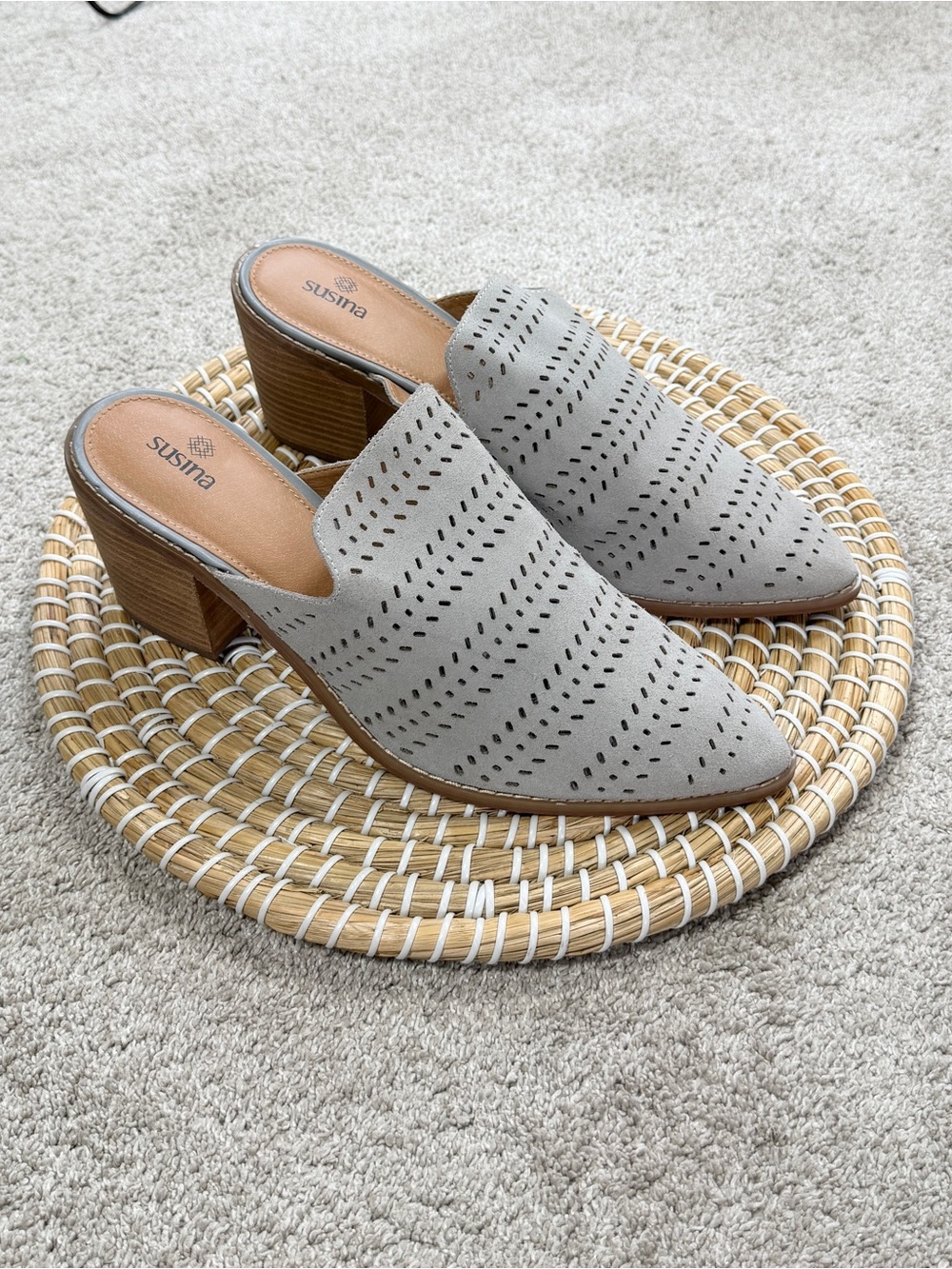 Susina Women’s Suede Leather Perforated Block Heel Slip On Pointed Toe Gray 11M